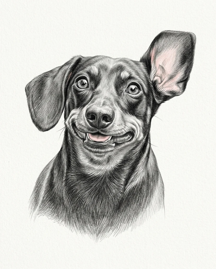 Dachshund em retrato grafite a lápis com toque de cor