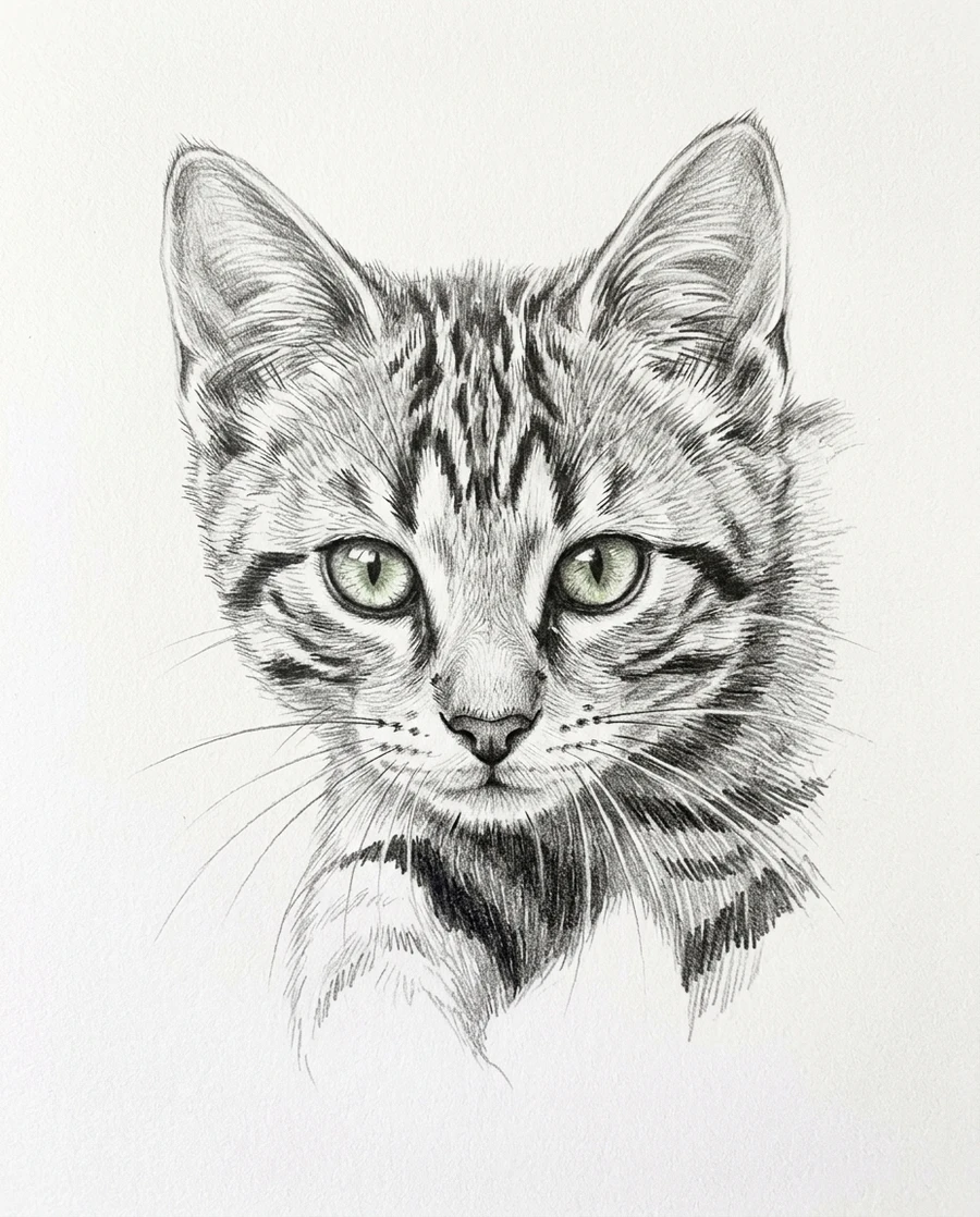 Gato tabby em retrato grafite a lápis com olhos verdes