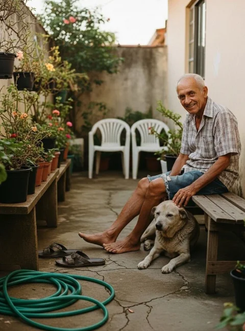 Foto original de senhor com cão no quintal
