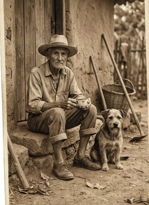 Foto original sépia de senhor sertanejo com terrier
